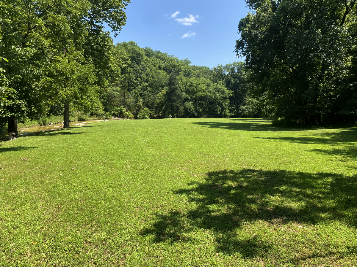 Open green meadow surrounded by trees at Homestead Farm Retreat & RV in Branson, Missouri