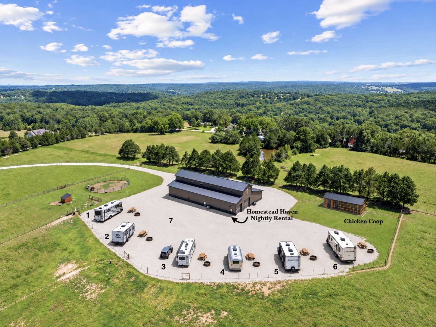 Aerial view of Homestead Farm Retreat & RV, part of At the Homestead near Branson, Missouri, showing the barn, seven full-hookup RV sites, Homestead Haven, and chicken coop.